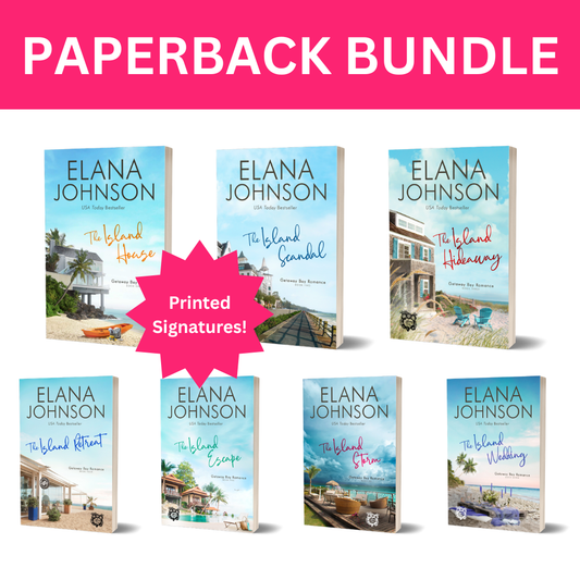 Paperback bundle of Elana Johnson's Getaway Bay Romance series, featuring seven romance novels with beach and house covers, displayed on a white background with a pink banner reading 'PAPERBACK BUNDLE' and a pink starburst that says 'Printed Signatures!'.