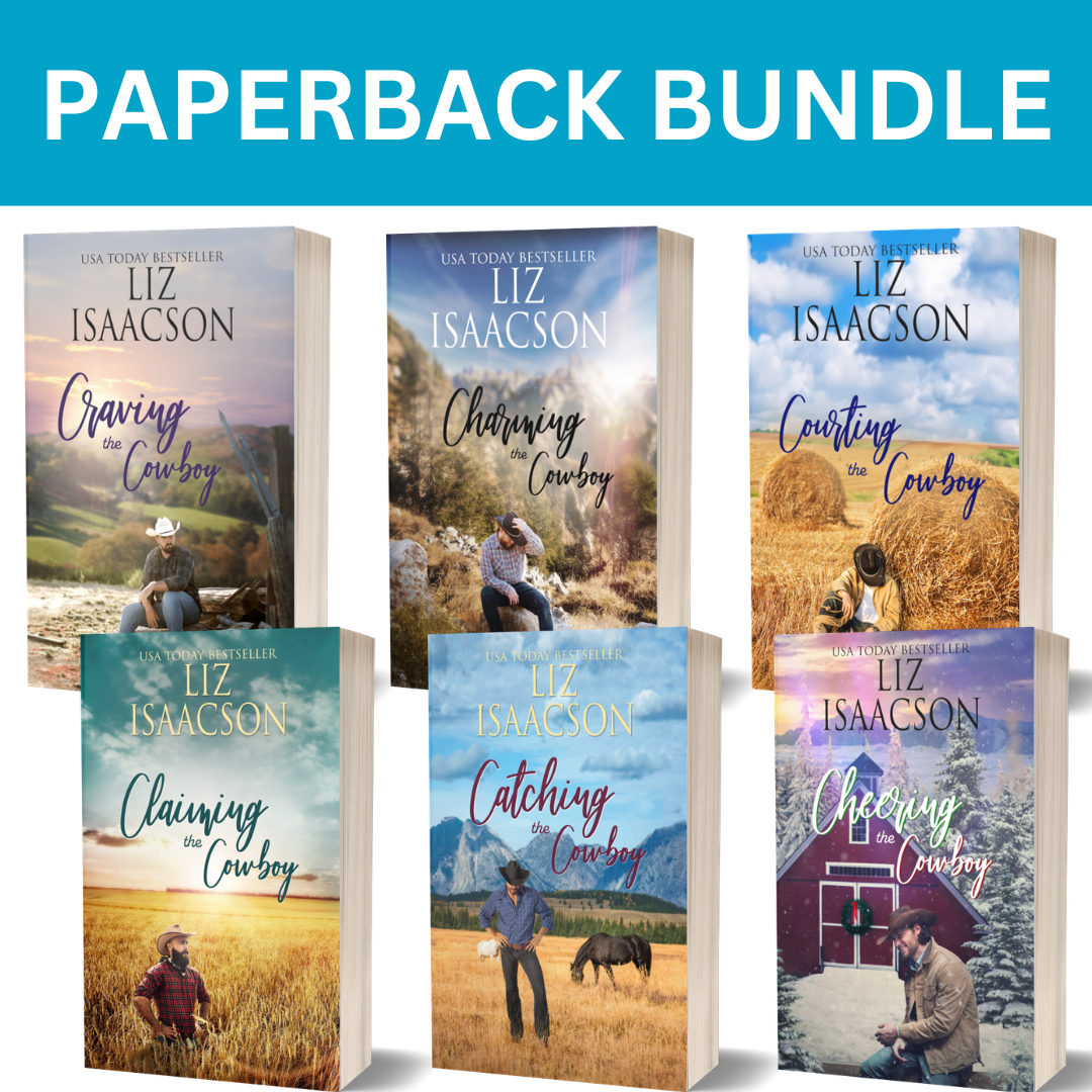Set of six book covers by Liz Isaacson featuring rural scenes with people and animals, with a blue banner at the top reading 'Paperback Bundle'.