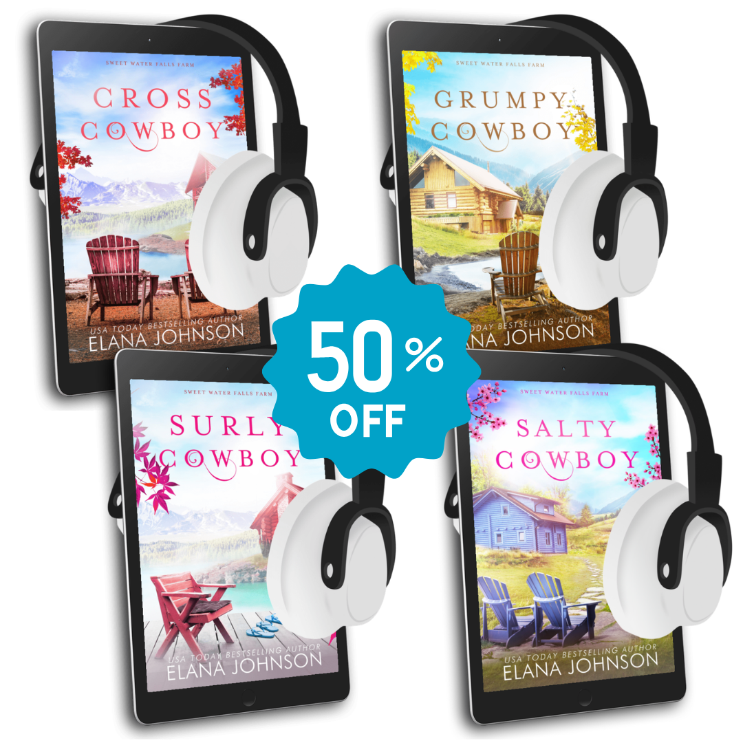Four books by Elana Johnson displayed on tablet screens with white over-ear headphones, arranged in a 2x2 grid with a blue '50% OFF' badge in the center.