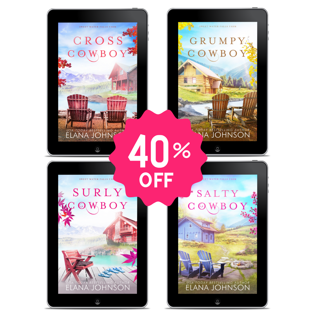 Four black tablet devices arranged in a 2x2 grid on a white background, each displaying a western romance book cover by Elana Johnson: Cross Cowboy, Grumpy Cowboy, Surly Cowboy, and Salty Cowboy. A bright pink starburst in the center reads '40% OFF'.