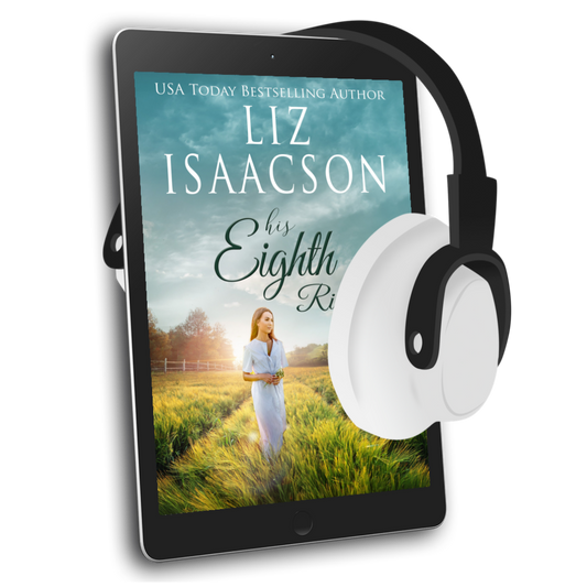 E-reader displaying a book cover with a woman in a field, accompanied by white headphones.