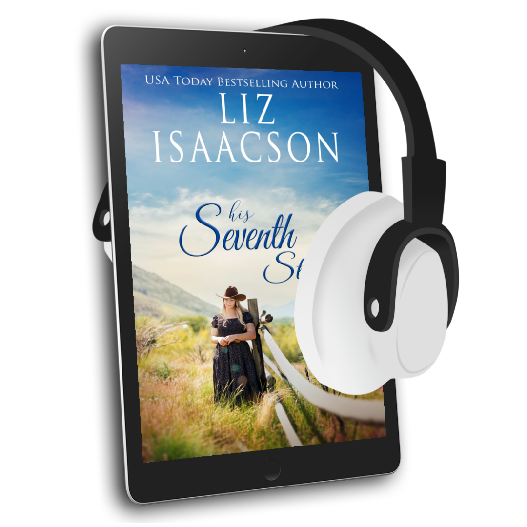 Tablet with a book cover displayed on screen, featuring the author Liz Isaacson and the title 'His Seventh Stop'. Headphones are attached to the tablet.