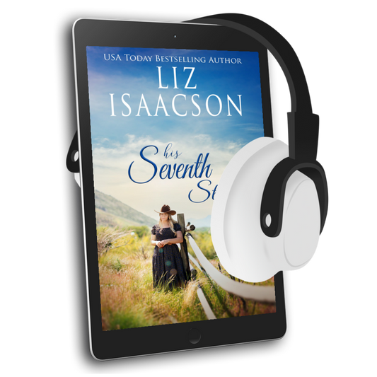 Tablet with a book cover displayed on screen, featuring the author Liz Isaacson and the title 'His Seventh Stop'. Headphones are attached to the tablet.