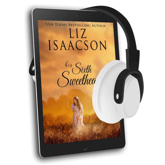 E-reader with a book cover featuring Liz Isaacson's 'His Sixth Sweetheart' and headphones on a white background