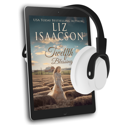 E-reader displaying 'His Twelfth Blessing' by Liz Isaacson with headphones on a white background