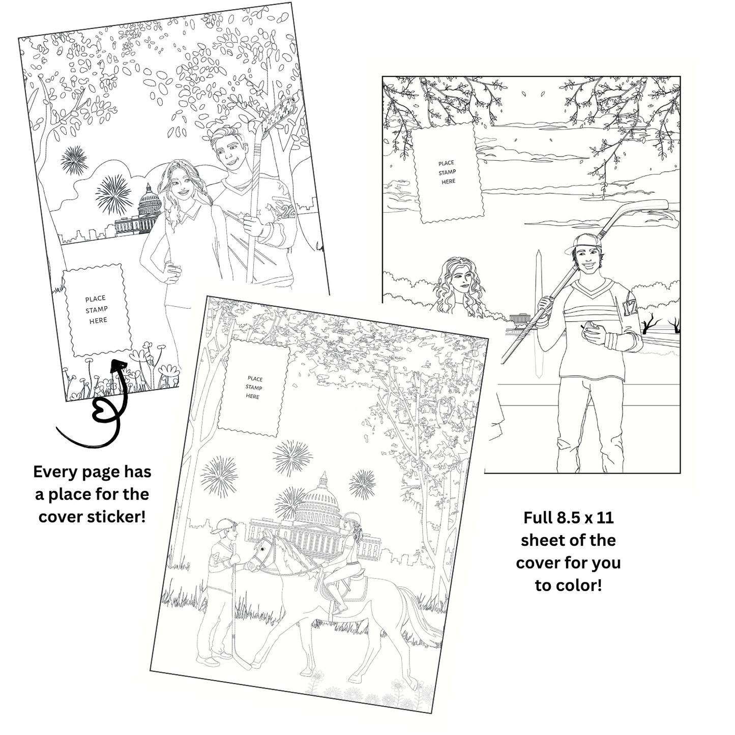 Coloring book pages with illustrations and text on a white background