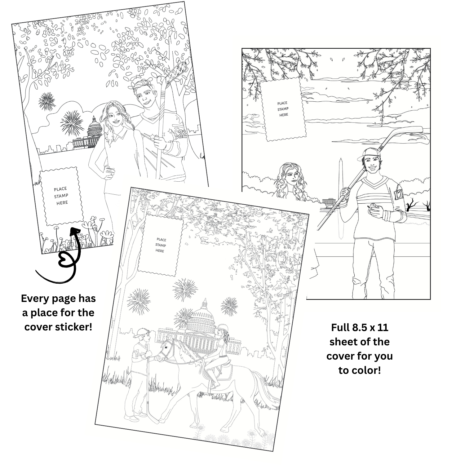 Coloring book pages with illustrations and text on a white background