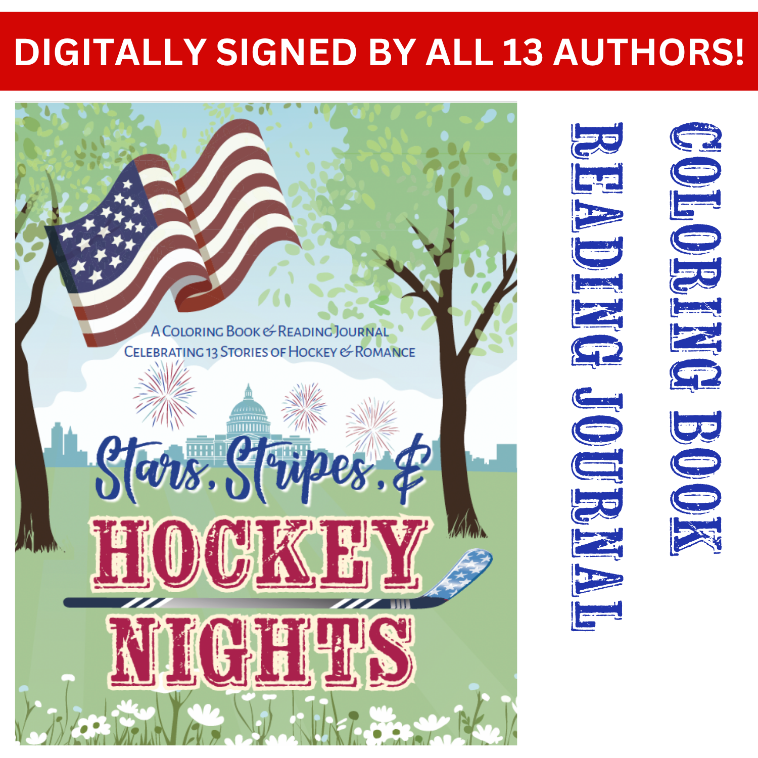 Coloring book cover titled 'Stars, Stripes, & Hockey Nights' with American flag and hockey elements.