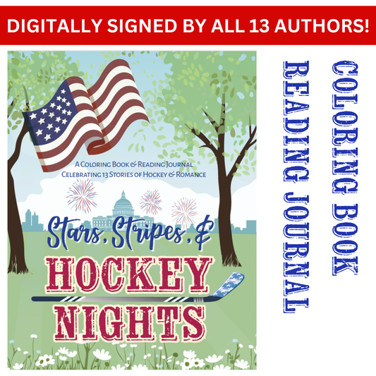Coloring book cover titled 'Stars, Stripes, & Hockey Nights' with American flag and hockey elements.