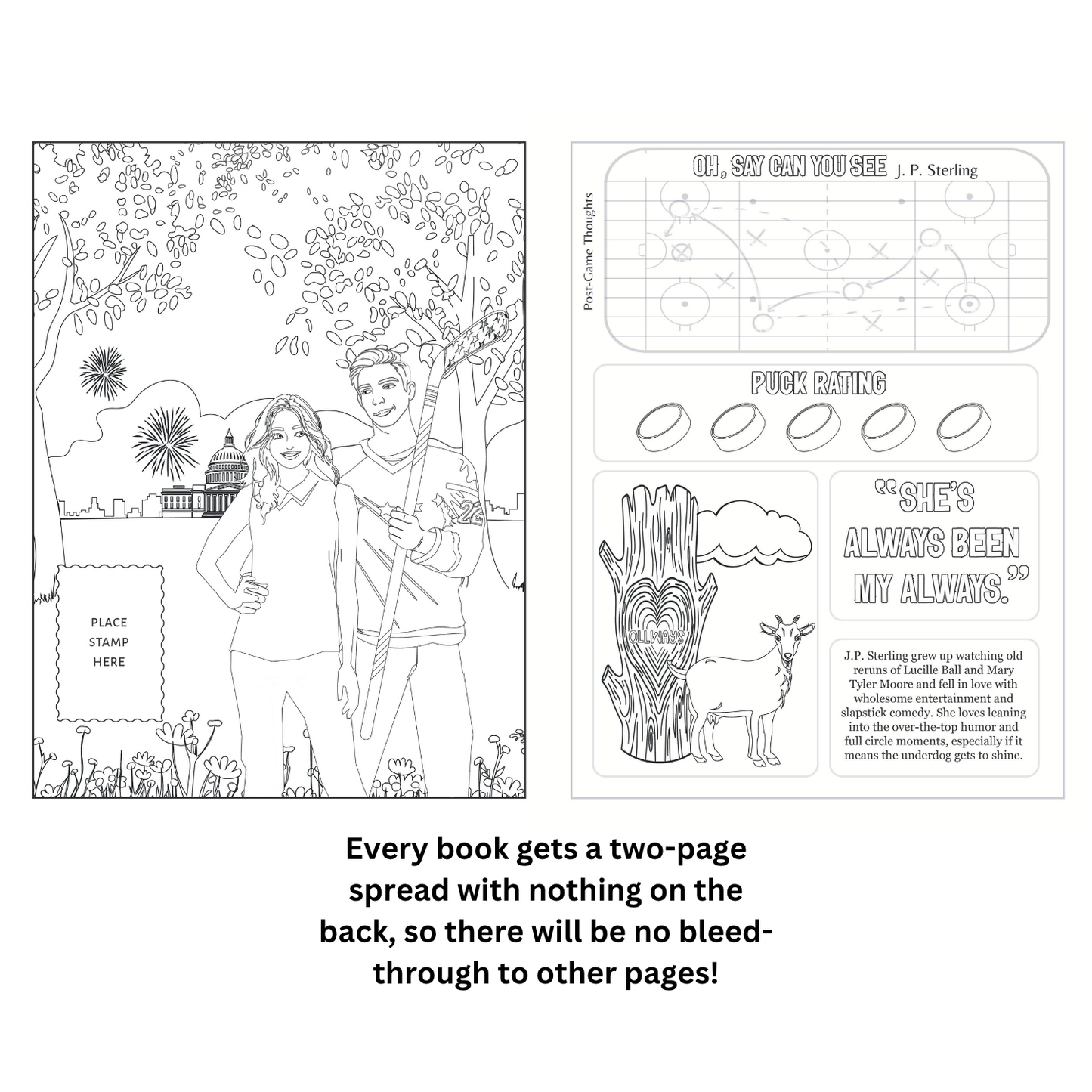 Two-page spread from a book with a coloring page and text on the right side.