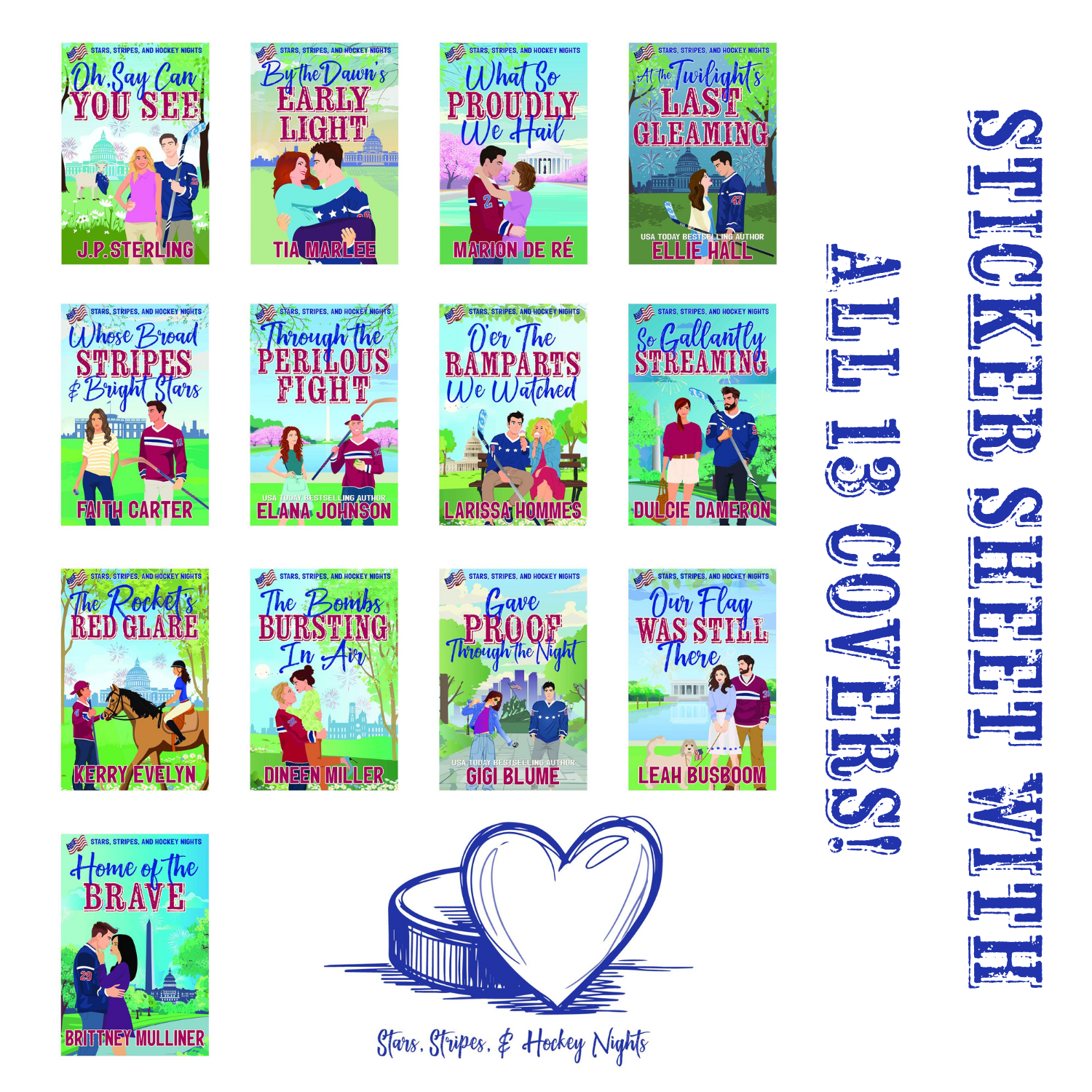 Collection of book covers with a heart and hockey puck graphic on a white background