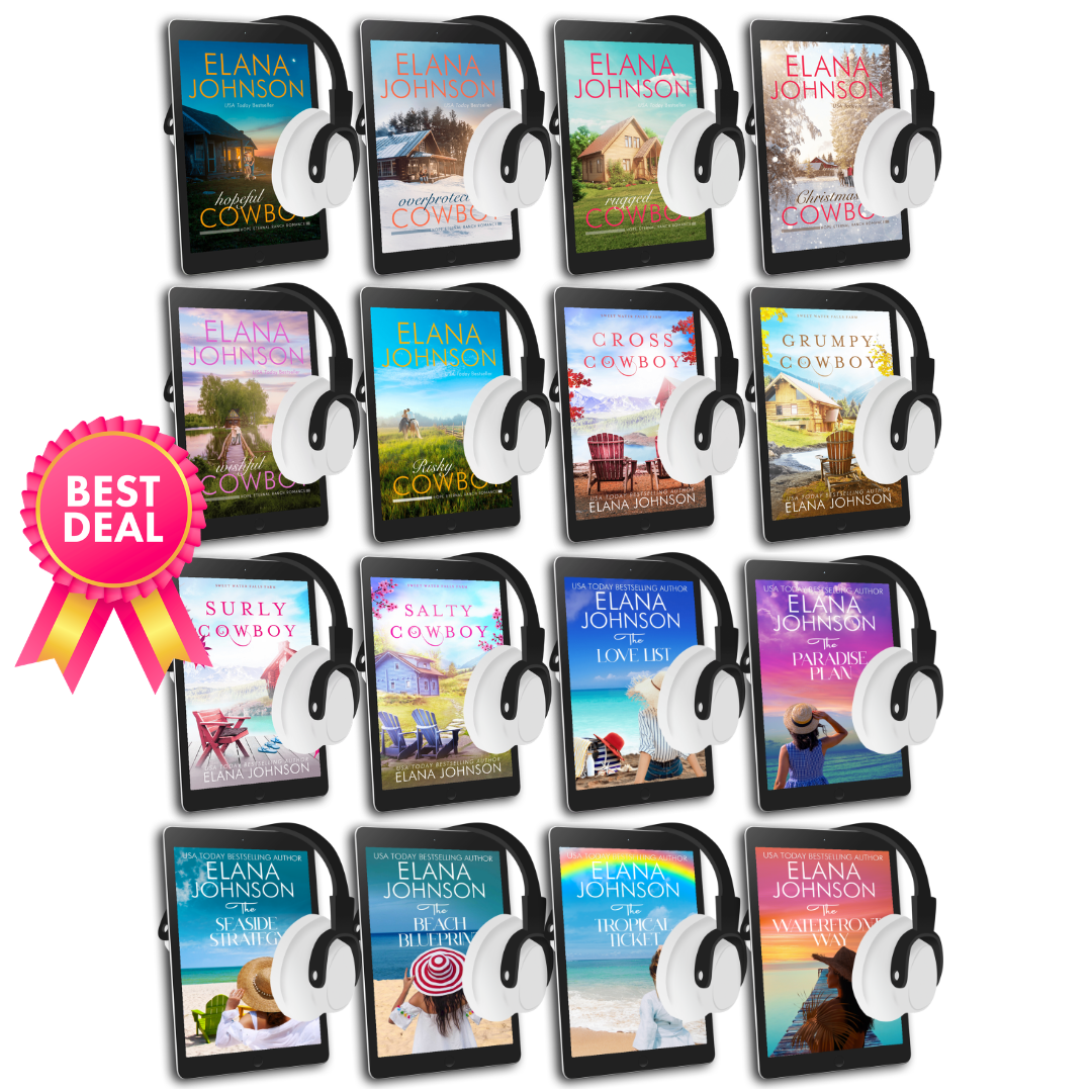Collection of Elana Johnson book covers (Hope Eternal Ranch, Sweet Water Falls Farm, and Hilton Head Island) with headphones on a white background