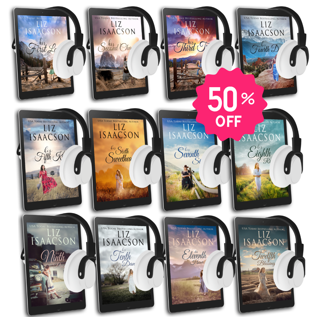Two rows of Ivory Peaks covers by Liz Isaacson with headphones and a 50% off badge.