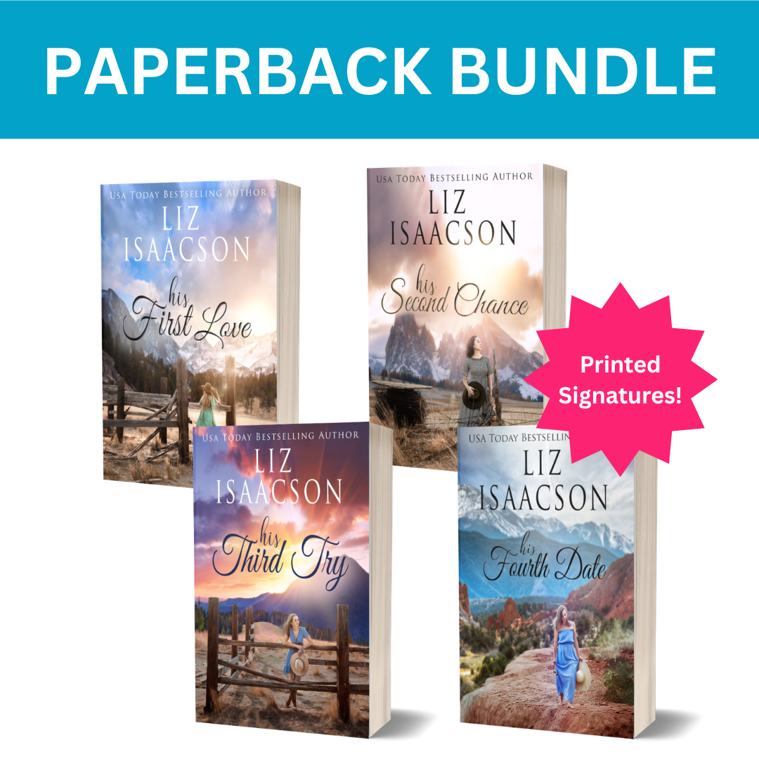 Paperback bundle of four Liz Isaacson romance novels on a white background with a blue banner reading 'PAPERBACK BUNDLE' and a pink starburst that says 'Printed Signatures!'.
