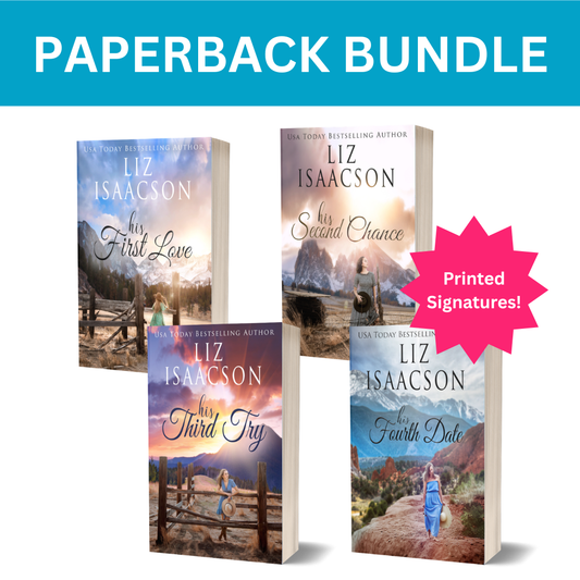 Paperback bundle of four Liz Isaacson romance novels on a white background with a blue banner reading 'PAPERBACK BUNDLE' and a pink starburst that says 'Printed Signatures!'.