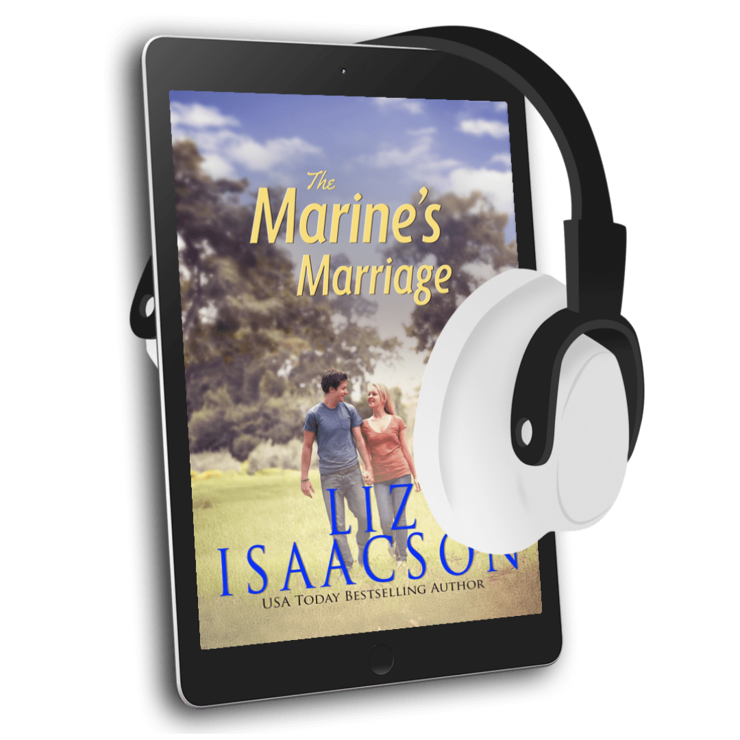 E-reader displaying 'The Marine's Marriage' by Liz Isaacson with headphones on a white background