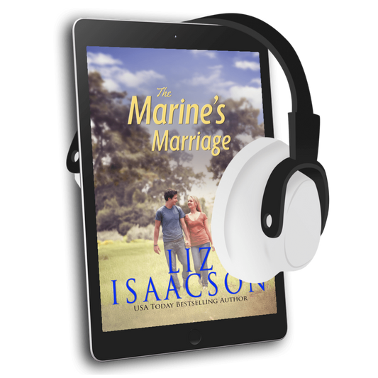 E-reader displaying 'The Marine's Marriage' by Liz Isaacson with headphones on a white background