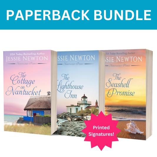 Paperback book bundle of three Jessie Newton novels: 'The Cottage on Nantucket', 'The Lighthouse Inn', and 'The Seashell Promise', shown with a blue 'PAPERBACK BUNDLE' banner and a pink 'Printed Signatures!' badge.