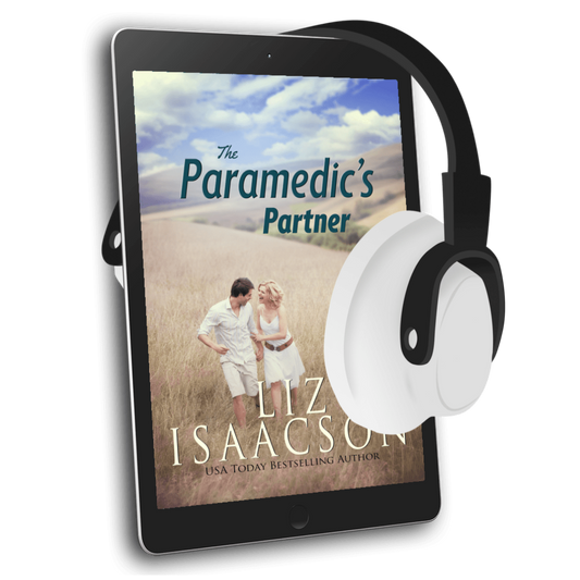 Ebook cover of 'The Paramedic's Partner' by Liz Isaacson with a tablet and headphones on a white background