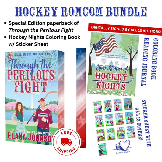 Promotional graphic for a 'Hockey Romcom Bundle' featuring a paperback book cover, a coloring book, a reading journal, and a sticker sheet.