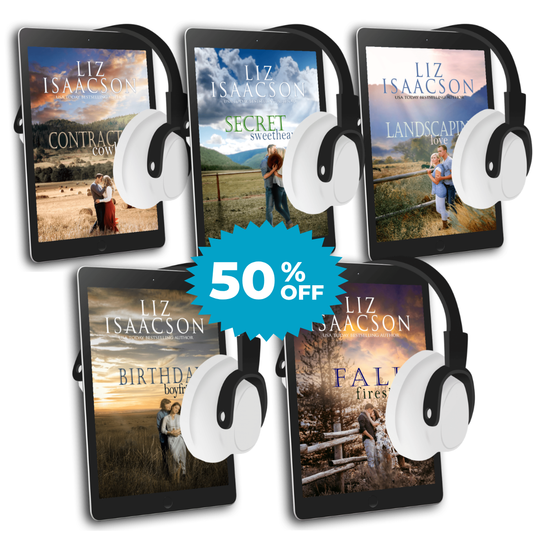 Five tablets with Quinn Valley book covers and headphones, featuring a discount label on a white background.