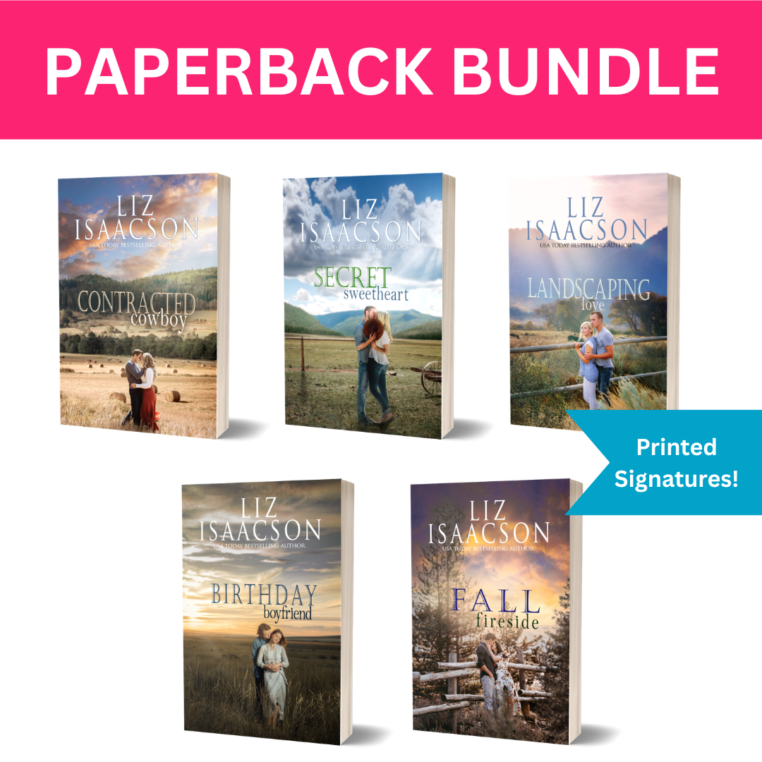 Five book covers by Liz Isaacson with a pink banner at the top.