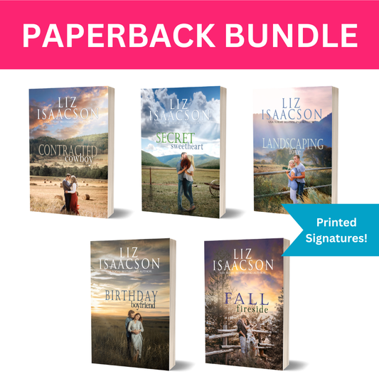 Five book covers by Liz Isaacson with a pink banner at the top.