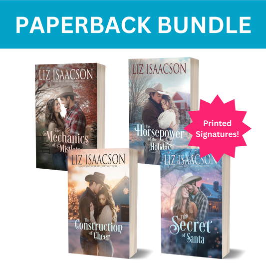 Paperback bundle of four Liz Isaacson romance novels, with a blue banner and pink 'Printed Signatures!' badge.