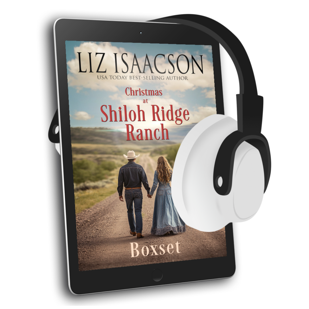 E-reader displaying the cover of 'Christmas at Shiloh Ridge Ranch' by Liz Isaacson with a couple walking on a dirt road.