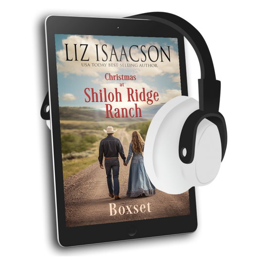 E-reader displaying the cover of 'Christmas at Shiloh Ridge Ranch' by Liz Isaacson with a couple walking on a dirt road.