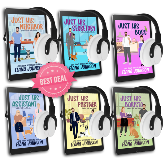 Six tablets displaying book covers by Elana Johnson with headphones around them, featuring a 'Best Deal' badge.