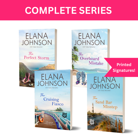 Four romance novel book covers by Elana Johnson are arranged on a white background under a pink banner reading 'COMPLETE SERIES,' with a pink callout saying 'Printed Signatures!'. 