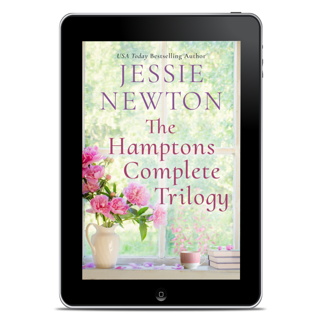 Digital book cover of 'The Hamptons Complete Trilogy' by Jessie Newton on a tablet screen.