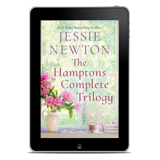 Digital book cover of 'The Hamptons Complete Trilogy' by Jessie Newton on a tablet screen.