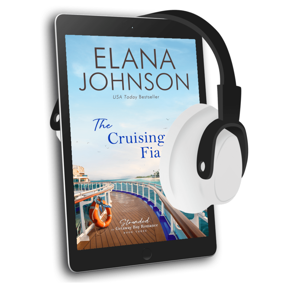 E-reader with a book cover of 'The Cruising Fiasco' by Elana Johnson and headphones on a white background