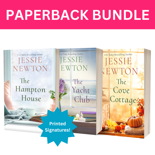 Paperback bundle of three Jessie Newton romance novels: The Hampton House, The Yacht Club, and The Cove Cottage, shown side by side with a pink 'PAPERBACK BUNDLE' banner and a blue 'Printed Signatures!' badge.