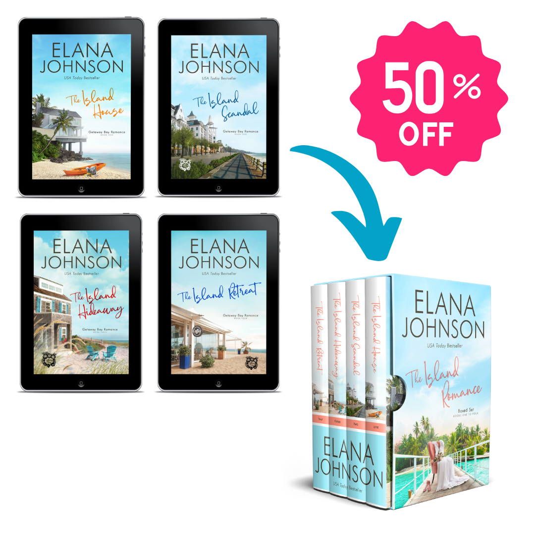 Promotional image of Elana Johnson's first 4 books in the 'Getaway Bay Romance' series with digital and physical book representations and a discount offer.