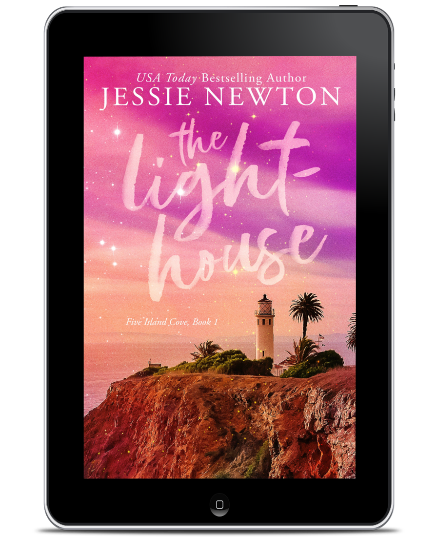 A tablet device displaying the book cover for 'The Lighthouse' by Jessie Newton. The cover art features a pink and purple sky over a coastal cliff with a lighthouse and palm trees.