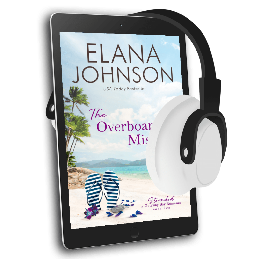 E-reader with a book cover of 'The Overboard Mistake' by Elana Johnson on a white background