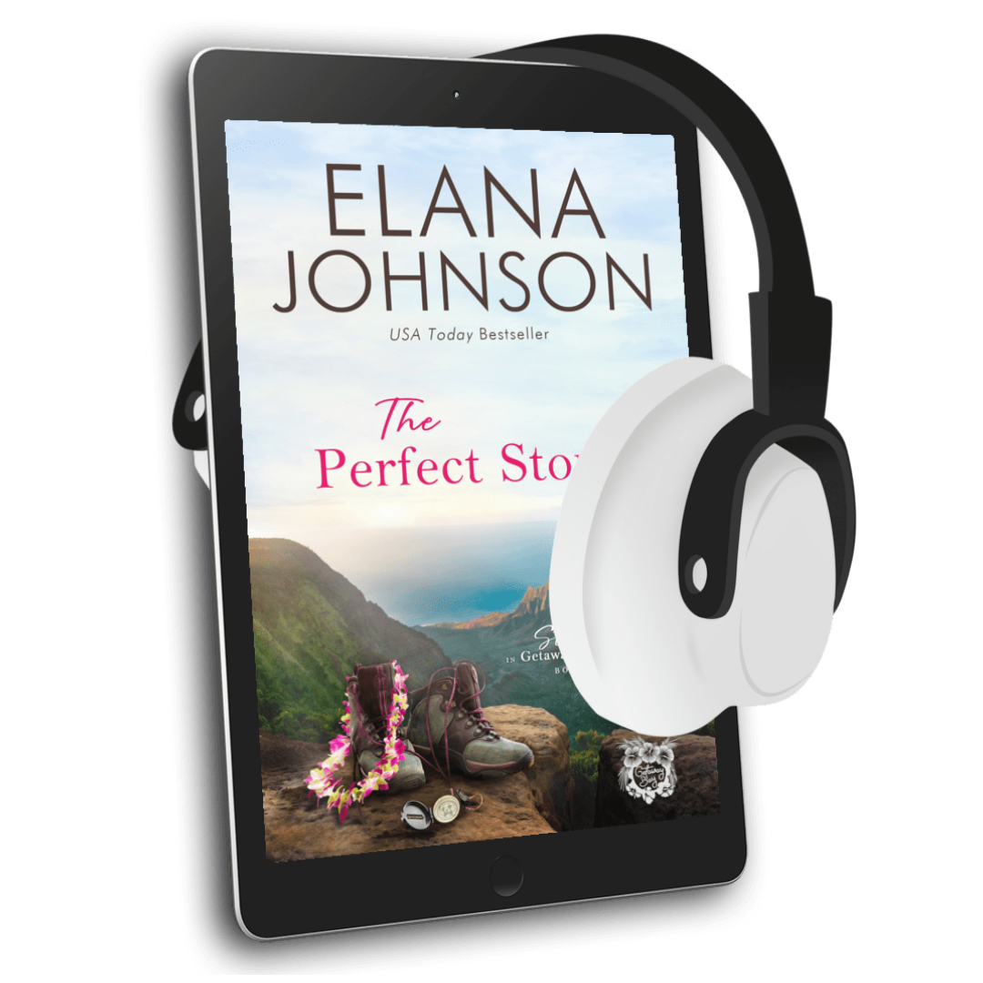 E-reader displaying 'The Perfect Storm' by Elana Johnson with headphones on a white background