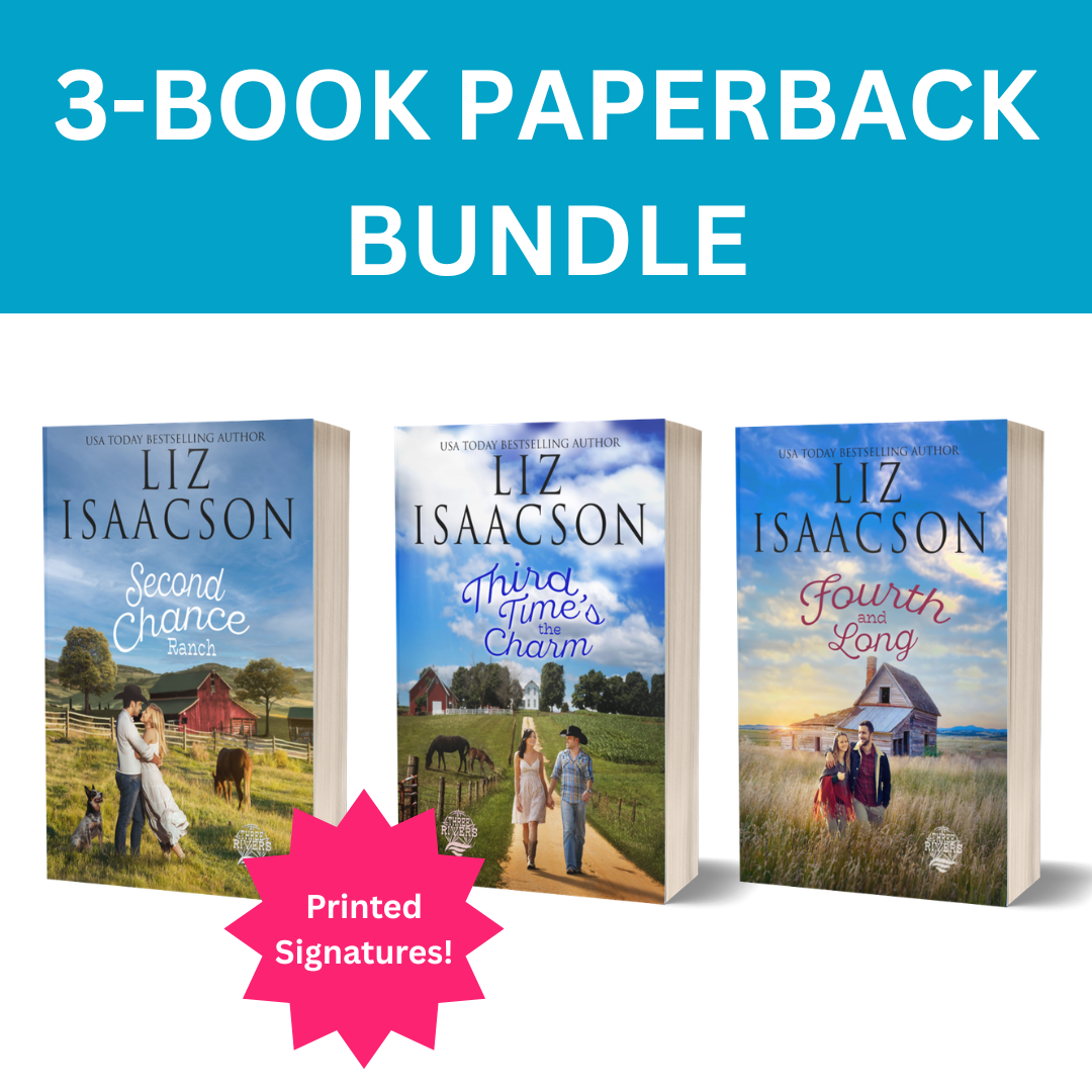 A promotional graphic for a 3-book paperback bundle by Liz Isaacson, showing the covers of 'Second Chance Ranch', 'Third Time's Charm', and 'Fourth Long' with a blue header reading '3-BOOK PAPERBACK BUNDLE' and a pink starburst saying 'Printed Signatures!'.