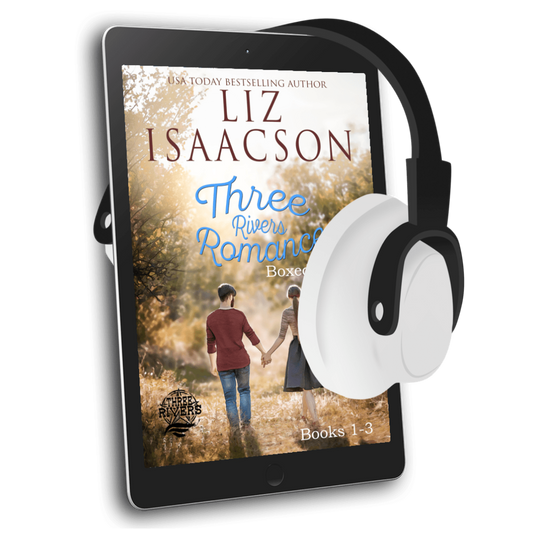 E-reader with a book cover featuring 'Three Rivers Romance' by Liz Isaacson and a pair of headphones.
