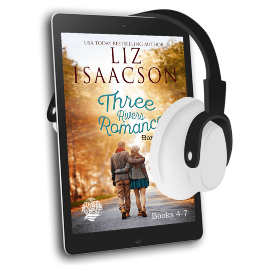 E-reader displaying 'Three Rivers Romance' series by Liz Isaacson with headphones on a white background