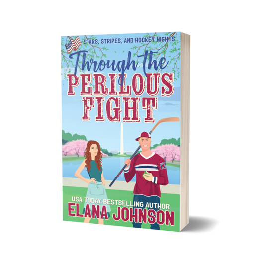 A 3D book mockup of 'Through the Perilous Fight' by Elana Johnson, featuring a colorful cover illustration of a woman and a hockey player on a white background.