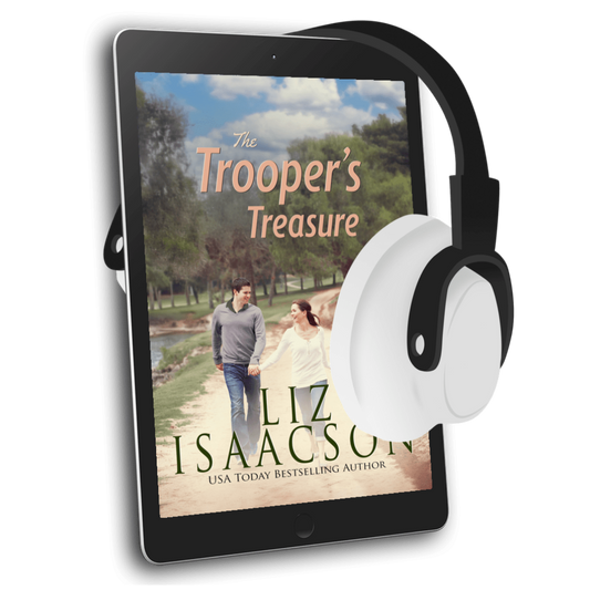 E-reader with 'The Trooper's Treasure' book cover displayed, featuring a couple by a lake, with headphones on top.